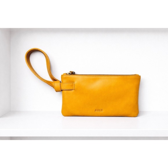 ABLE Rachel Wristlet Cognac Leather Clutch Wallet Zipper Pouch Bag NWT